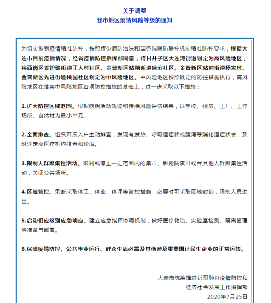 大连一地调整为高风险地区了吗,属于高风险区域的有哪些